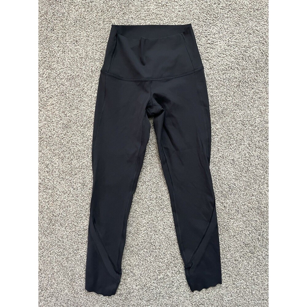 Lululemon Black High Rise Crop Leggings Mesh Scallop Hem Yoga Pants Womens SZ 4